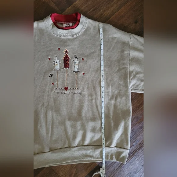 Vtg Top Stitch Embroidered Birdfeeder Pullover Sweatshirt, Women's L, Tan & Red - Picture 8 of 8